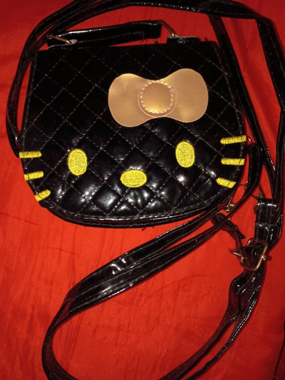 Patent leather black and yellow embroidery Hello Kitty purse